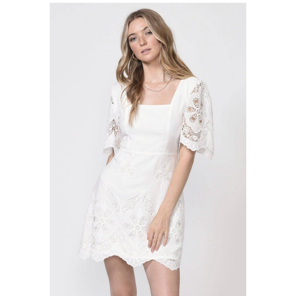 BNWT ADELYN RAE White Bonvi Scalloped Cutout Midi Dress in Size L